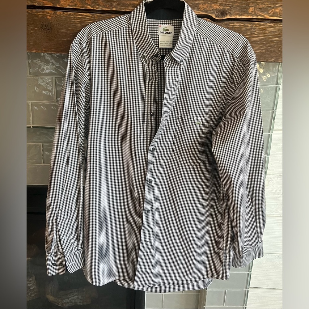 Lacoste Mens Button Down Shirt Size 40 Medium Black White Checkered Long Sleeve